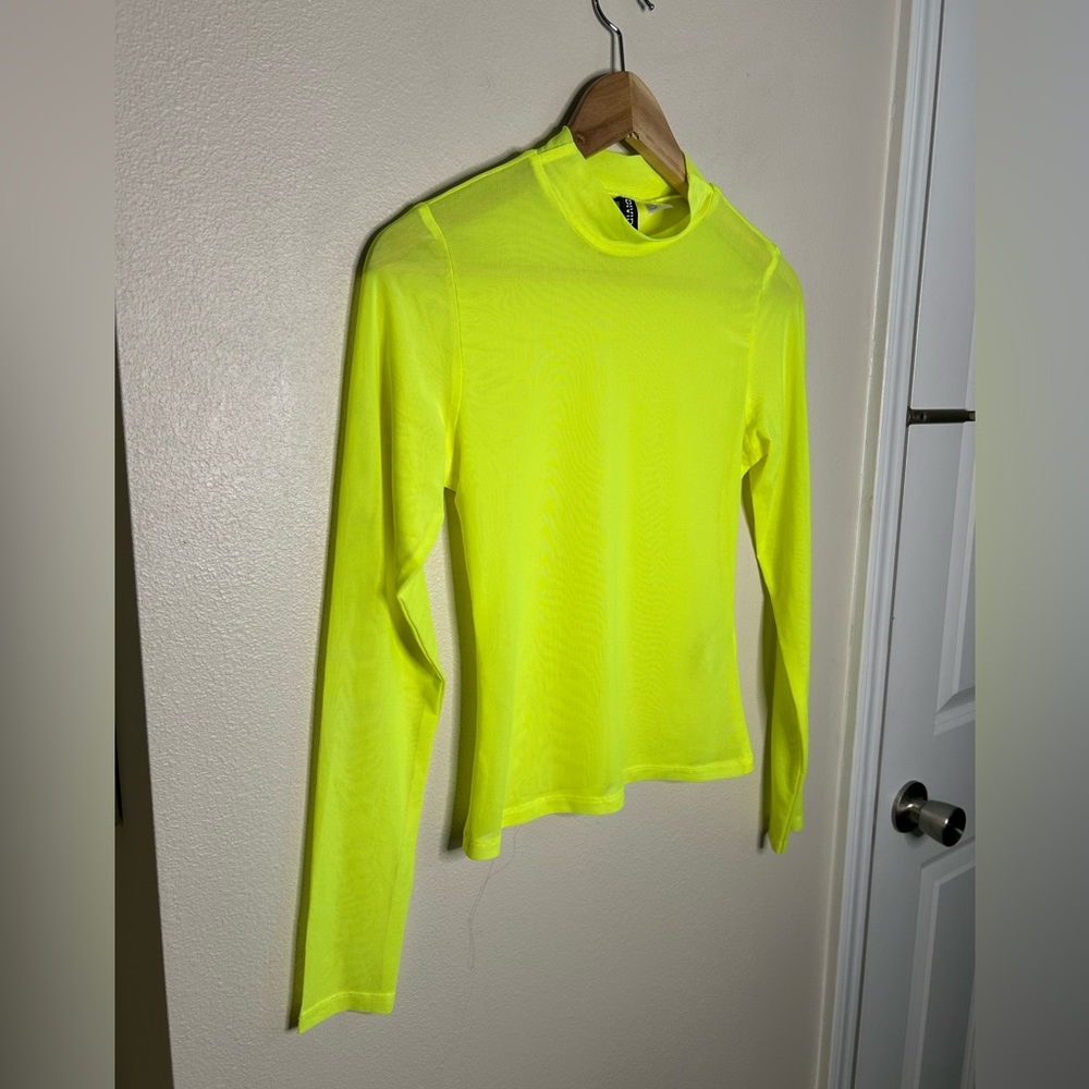 H&M Divided Neon Yellow Fitted Mock Neck Mesh Long Sleeve Top Size S - Picture 2 of 7